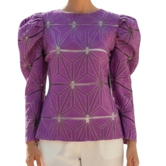 N BY NANCY Tops - #A247 NANCY COCKTAIL CHIC PURPLE GEOMETRIC RUNWAY INSPIRED PUFF SLEEVE TOP NWT L